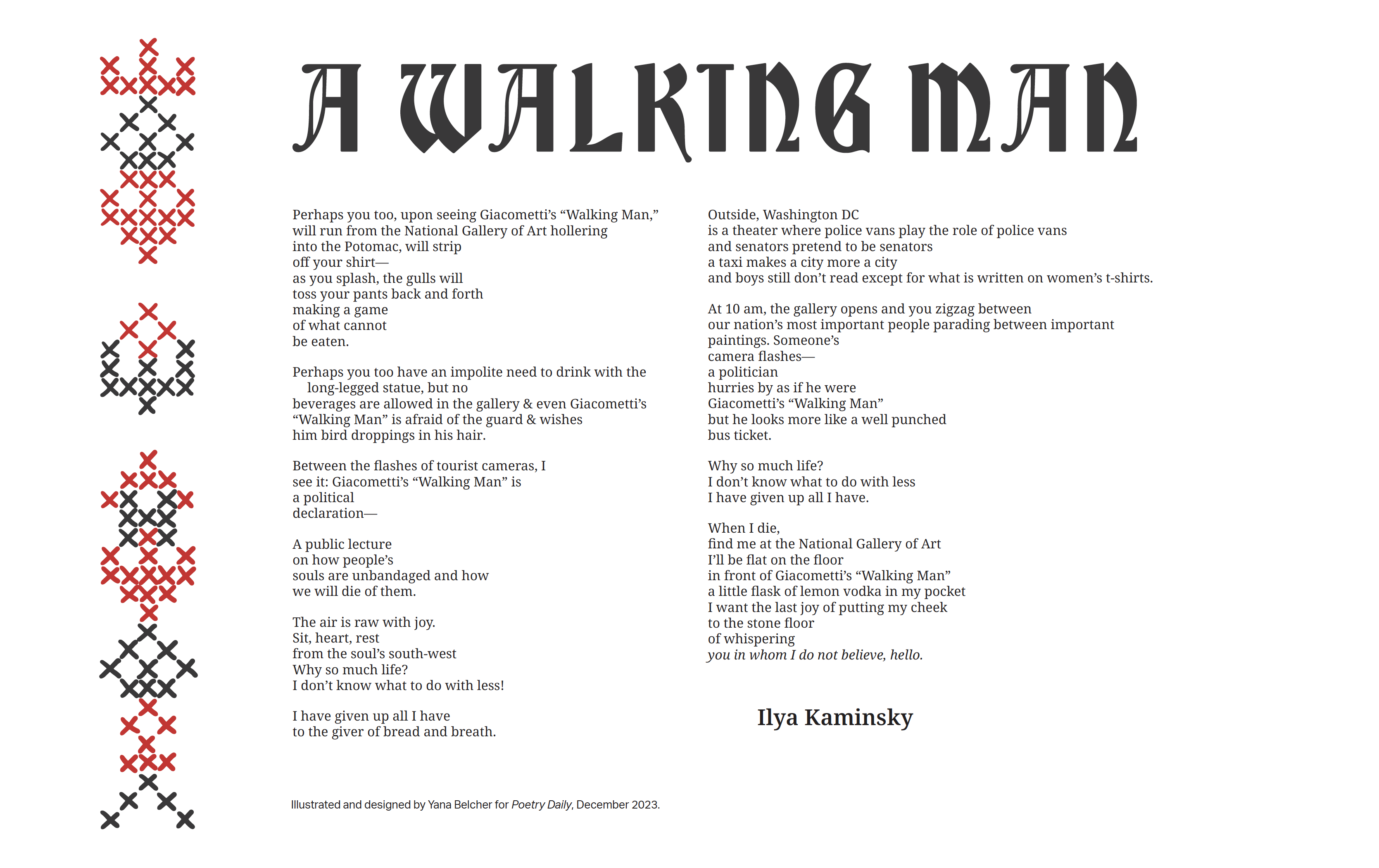 Embroidered Broadside of Ilya Kaminsky's "A Walking Man"