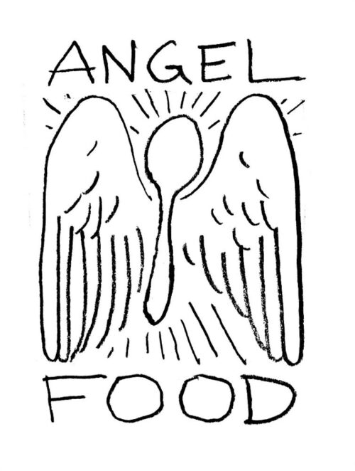 A drawing of a spoon with two wings on it, and the words "Angel Food" surrounding it